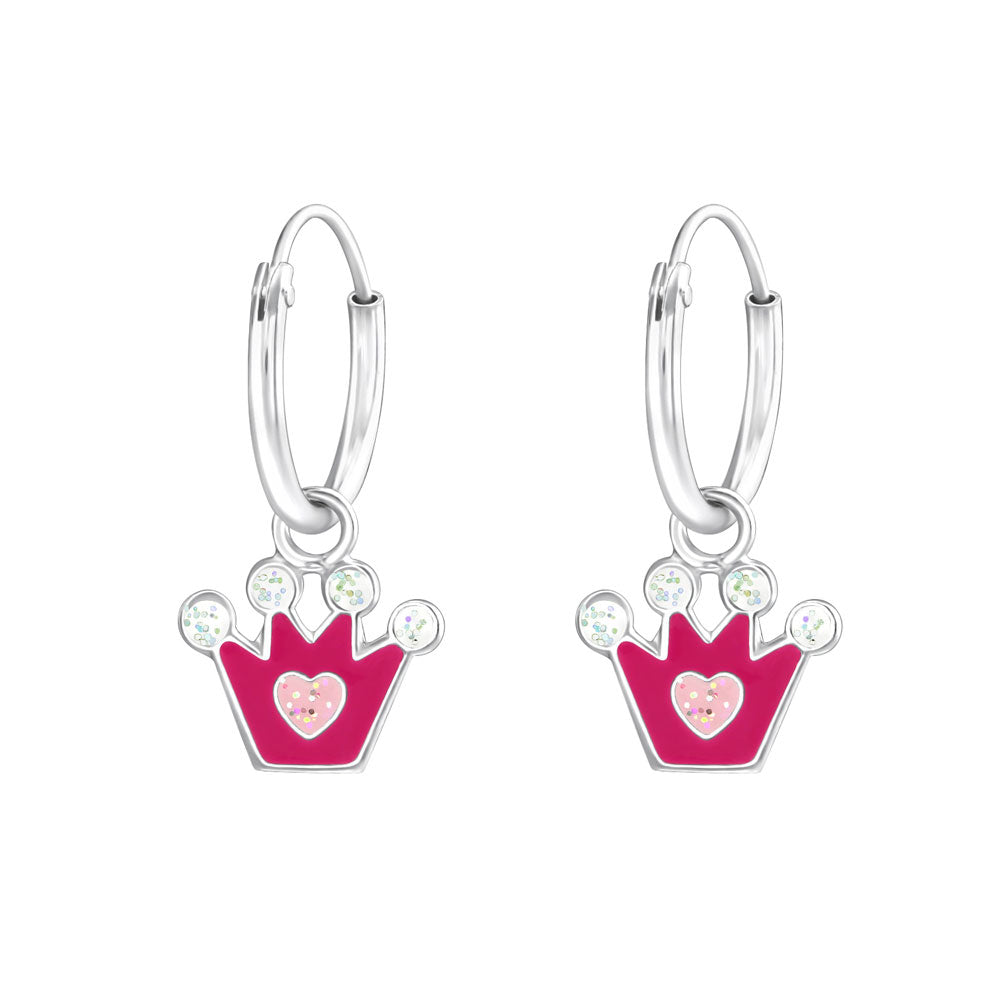 Kinder Mädchen Creolen Ohrringe Krone Herz pink/weiß Glitter 925er Silber