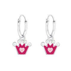 Kinder Mädchen Creolen Ohrringe Krone Herz pink/weiß Glitter 925er Silber