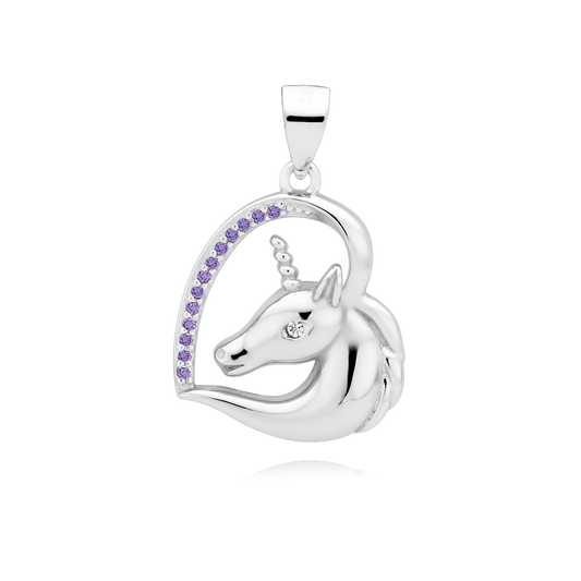 Kinder Mädchen Damen Kettenanhänger Einhorn Herz 925er Silber Zirkonia lila violet