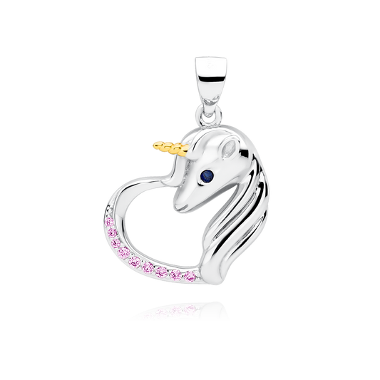Kinder Mädchen Damen Kettenanhänger Einhorn Herz  925er Silber Zirkonia pink